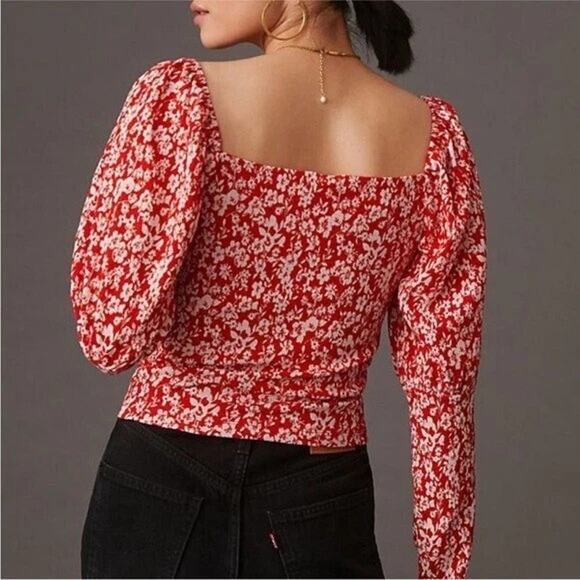 NEW Anthropologie Sweetheart Red White Floral Peasant Boho Top - Picture 2 of 4